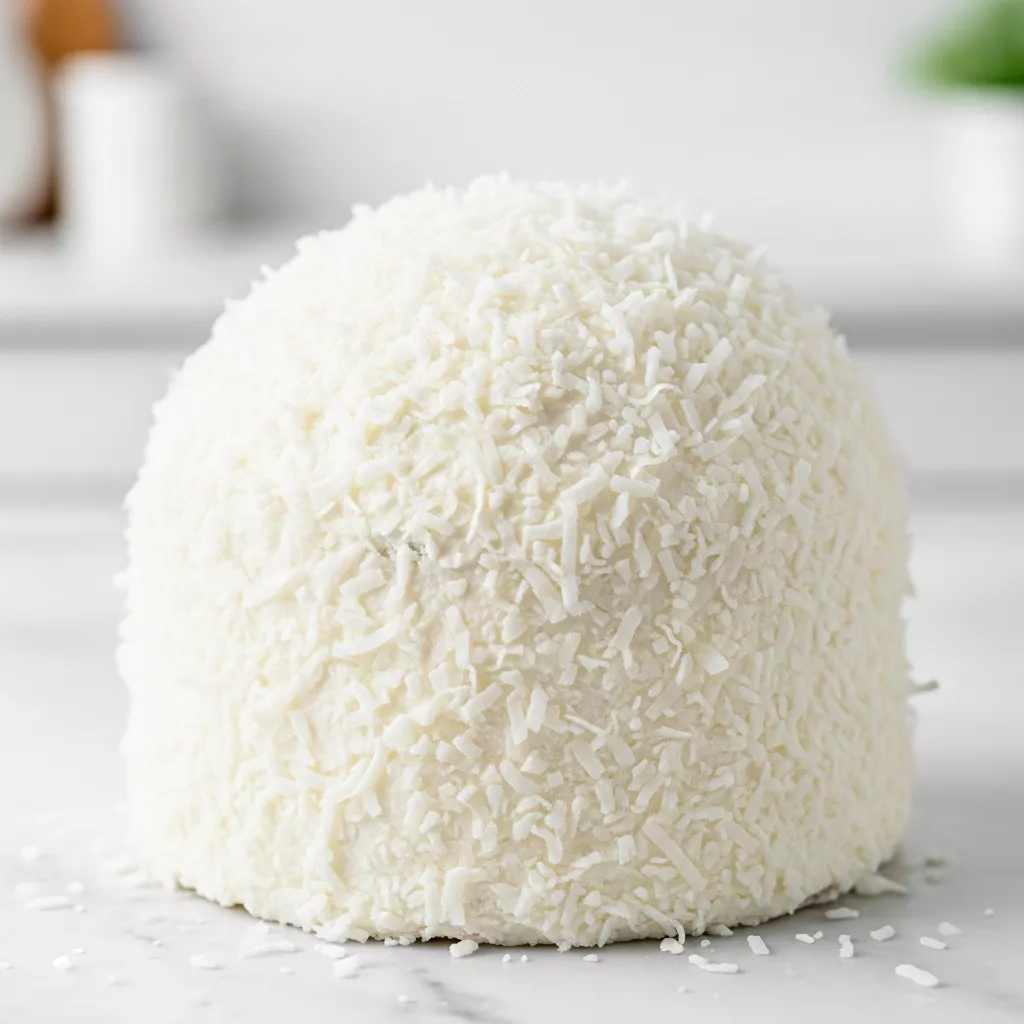 Close-up of an old-fashioned coconut snowball cake covered in white shredded coconut