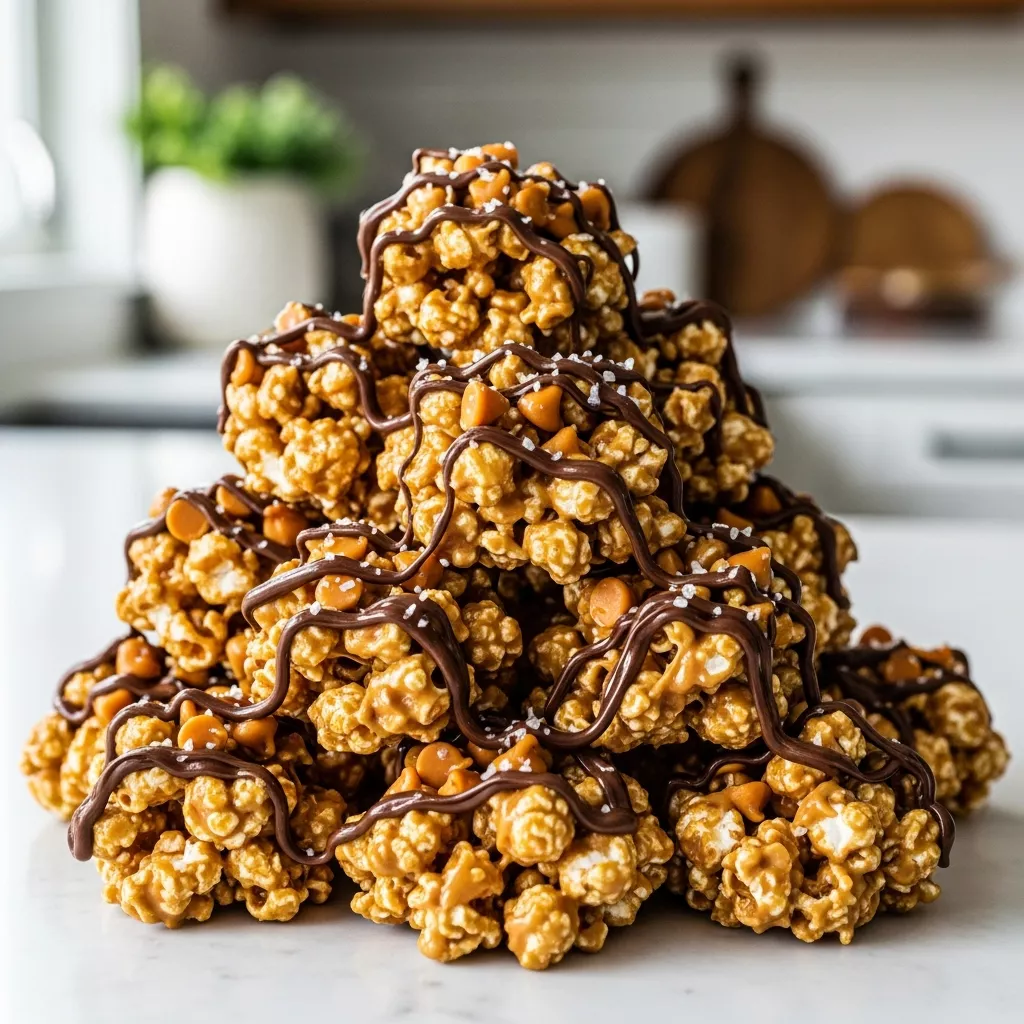 Close up macro shot of sticky scotcharoo popcorn with chocolate and butterscotch drizzle