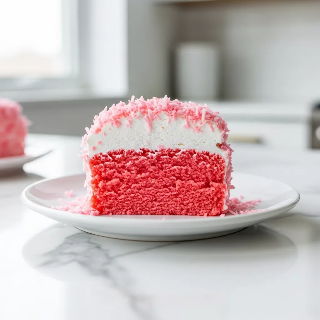 Close-up macro shot of pink coconut snowball cake bars on a white plate