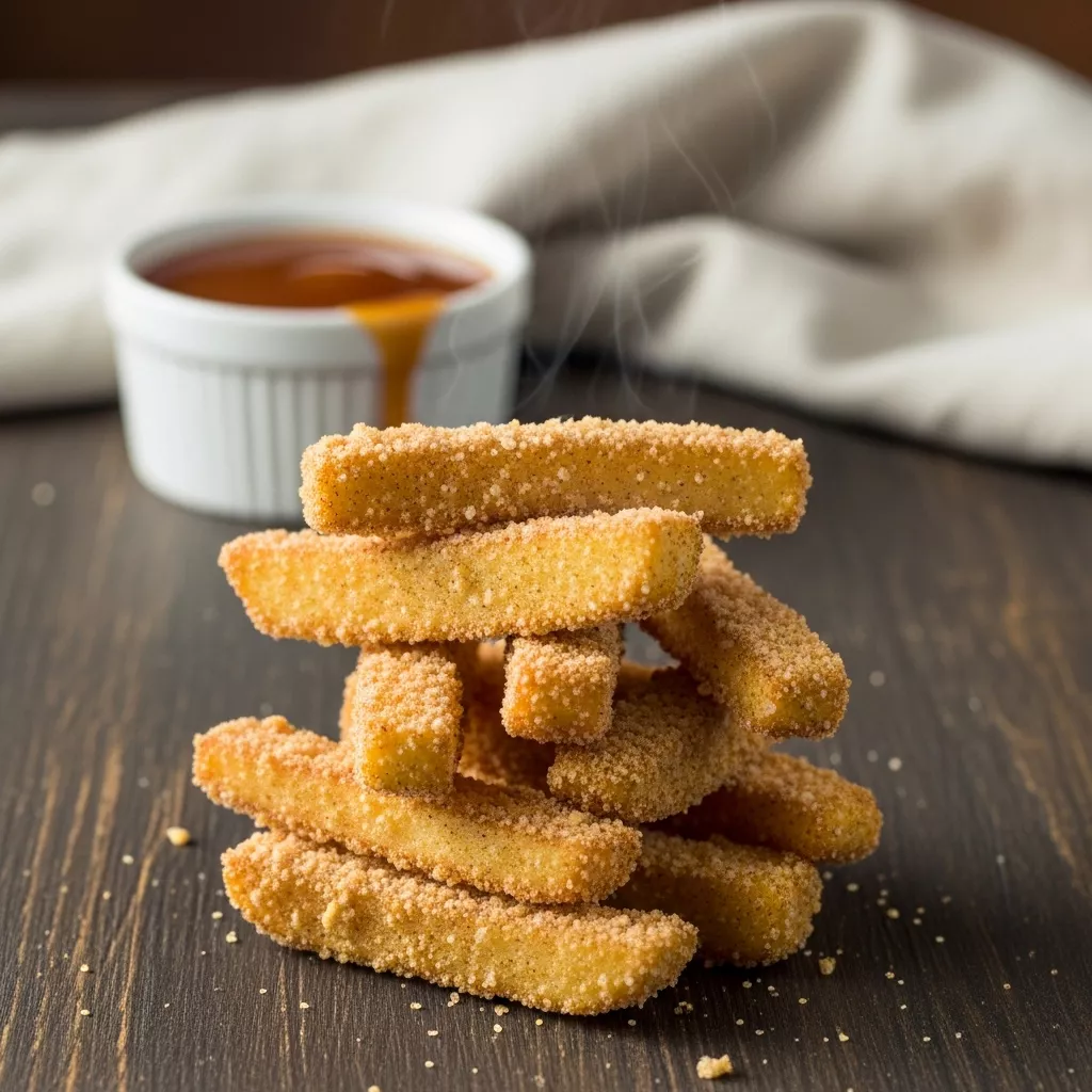 Close up of crispy cinnamon crusted air fryer apple fries with caramel dip