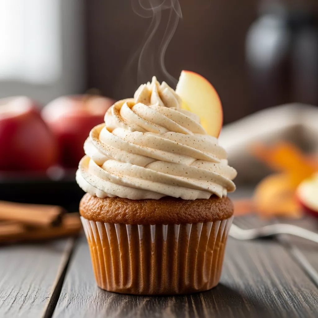 Close up of apple cider cupcakes with spiced buttercream frosting and apple garnish