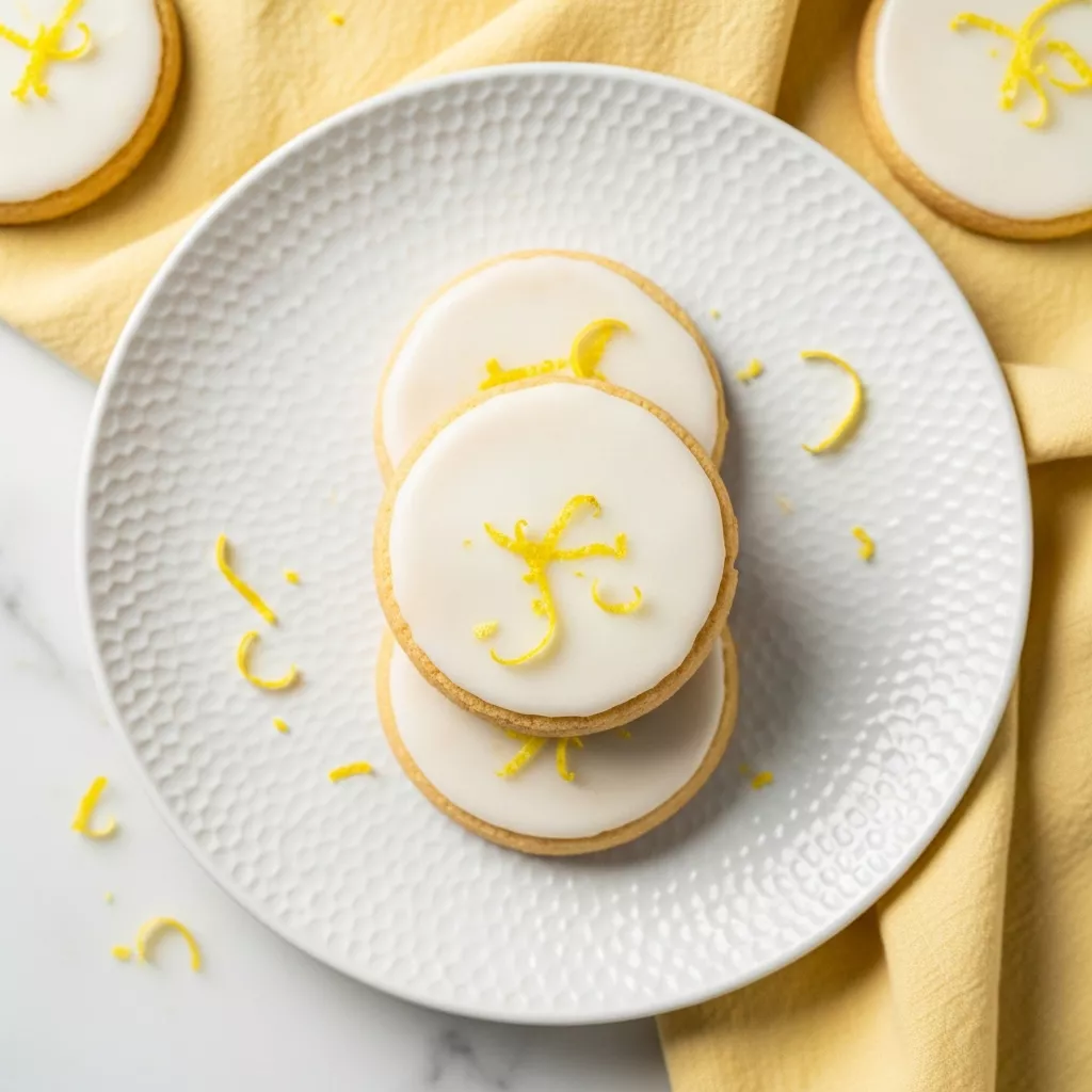 Overhead macro shot of lemon glazed shortbread cookies topped with fresh zest on a white plate