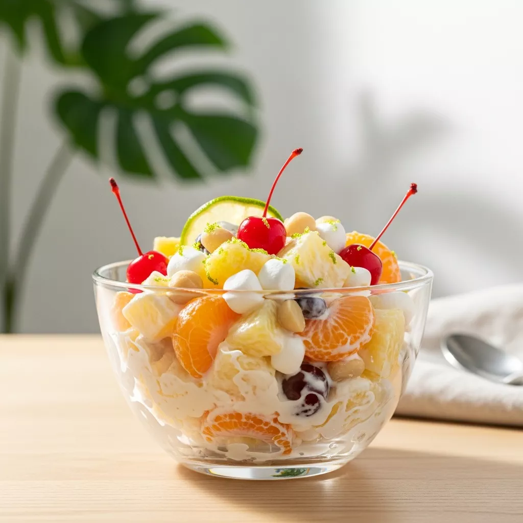 Close up of creamy hawaiian fruit salad recipe in a glass bowl with marshmallows and cherries