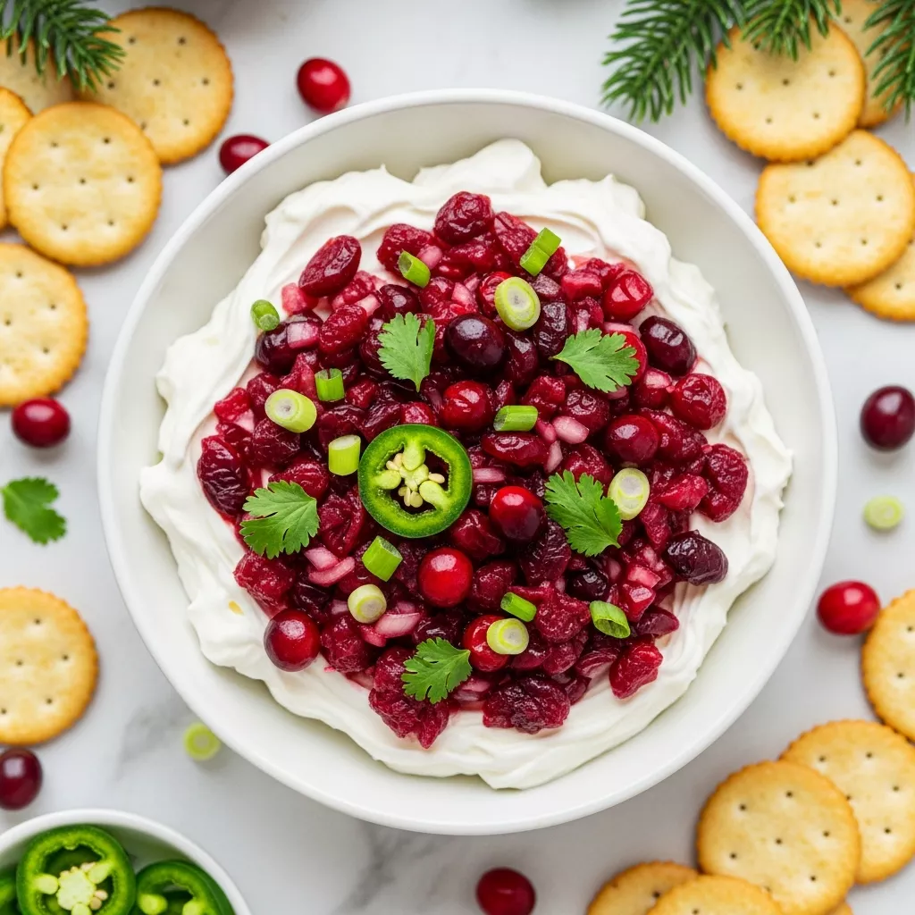 Macro overhead shot of homemade copycat Costco cranberry jalapeño dip topped with fresh cilantro
