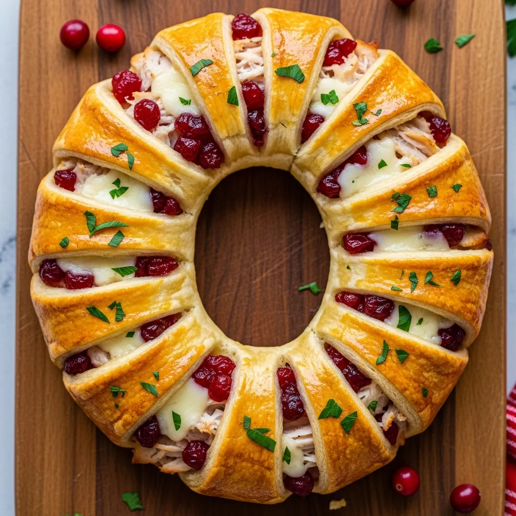 Golden baked turkey cranberry crescent ring with melted cheese and parsley garnish