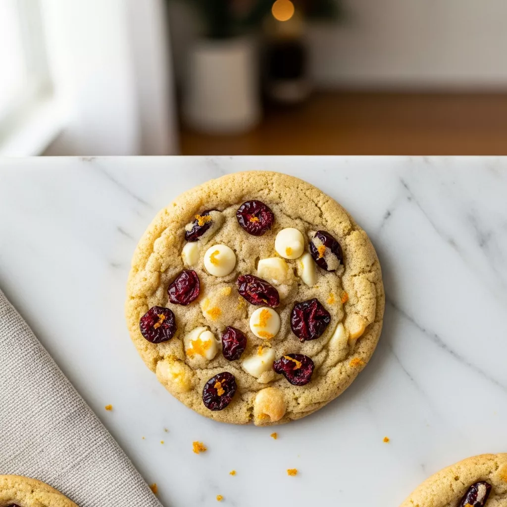 Close up overhead shot of chewy cranberry orange cookies with white chocolate chips