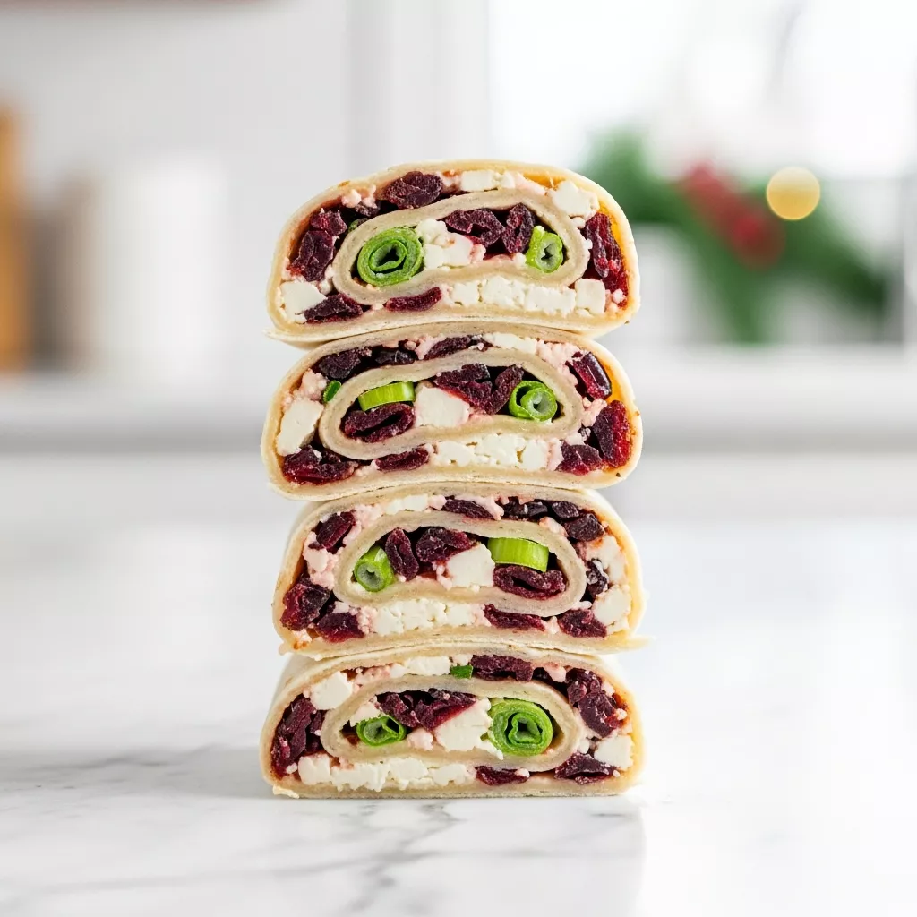 Close-up macro shot of festive cranberry feta pinwheels showing creamy filling and red cranberries