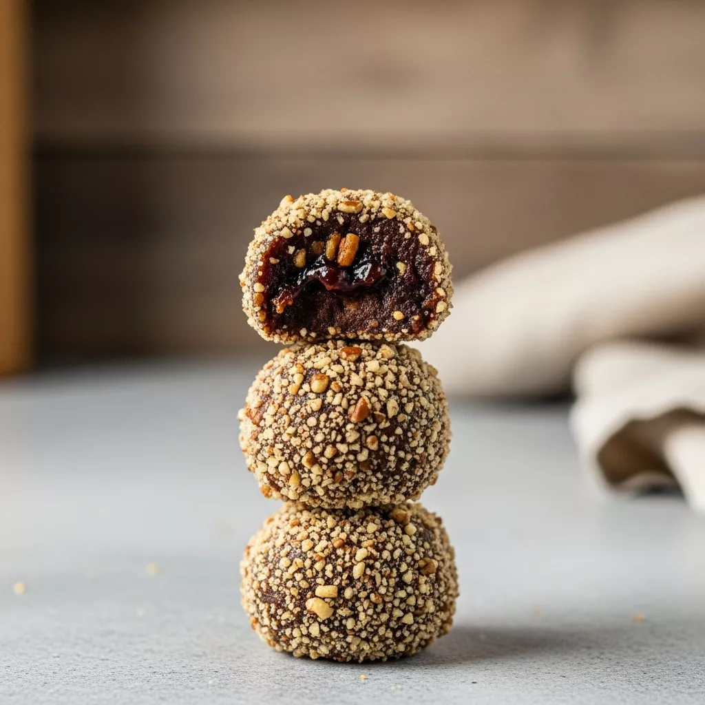 Close up stack of no bake pecan pie balls coated in chopped nuts