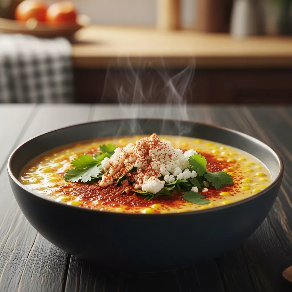 Close up of creamy mexican street corn soup in a bowl topped with cotija cheese and cilantro