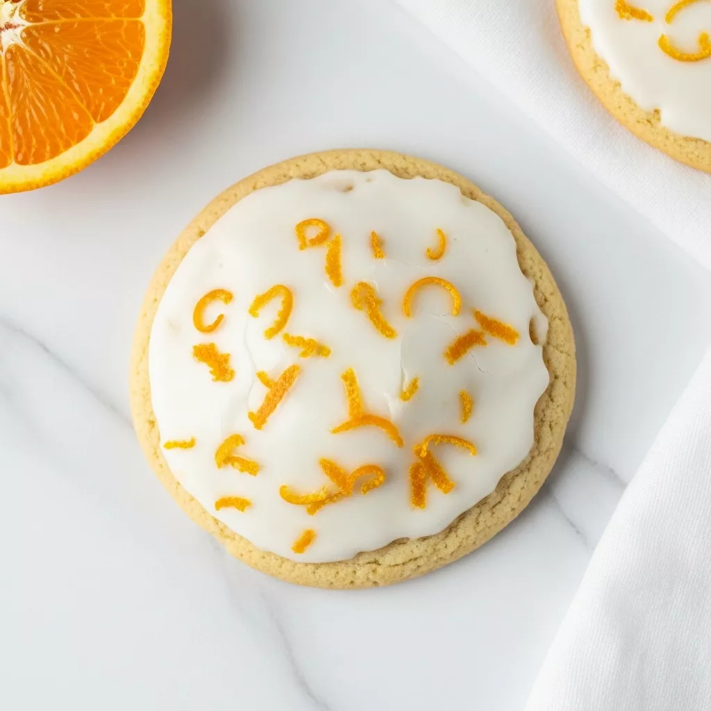 Macro close-up of soft glazed orange juice cookies topped with fresh zest