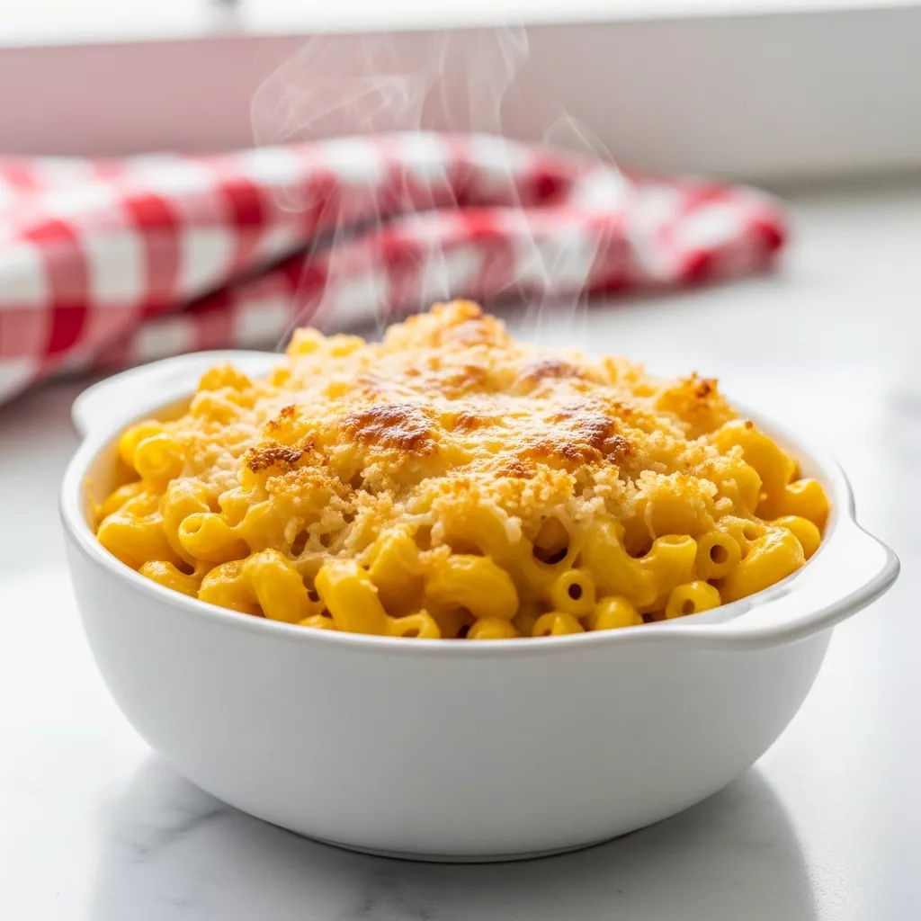 Close up of ultra-creamy copycat chick fil a mac and cheese in a bowl with a golden crust