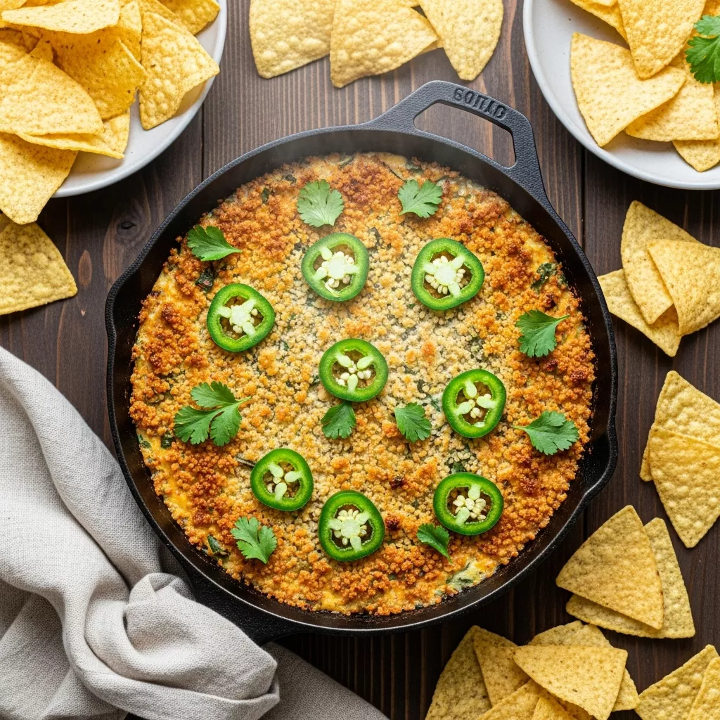 Baked spicy jalapeno dream dip in a skillet topped with fresh cilantro and peppers