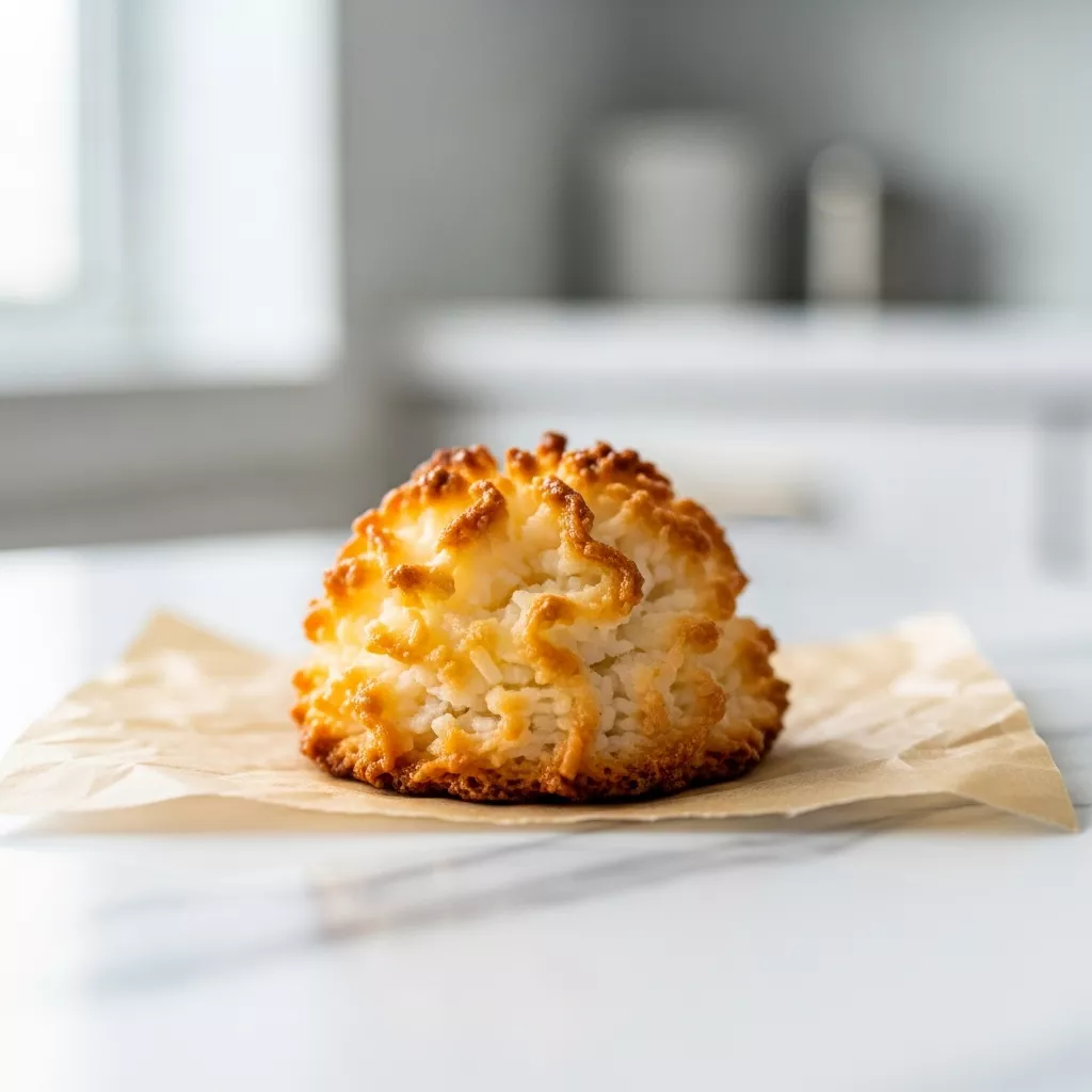 Close-up of golden brown chewy coconut macaroons on parchment paper