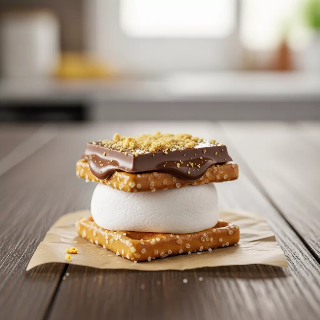 Macro close-up of s'mores pretzel bites with melting chocolate and marshmallow