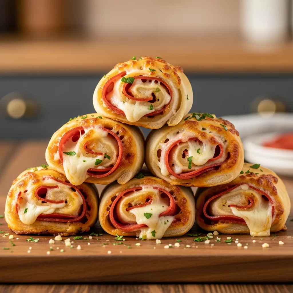 Close up of golden cheesy garlic pizza roll-ups recipe on a wooden board