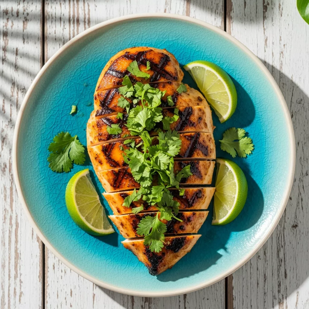 Close up of juicy key west grilled chicken garnished with cilantro and lime wedges