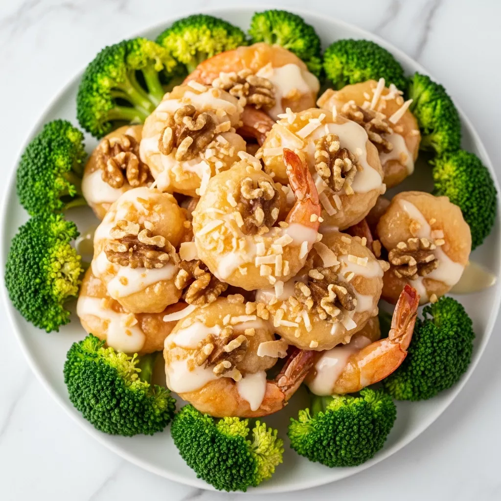 Close up of creamy Chinese coconut shrimp recipe served with walnuts and broccoli