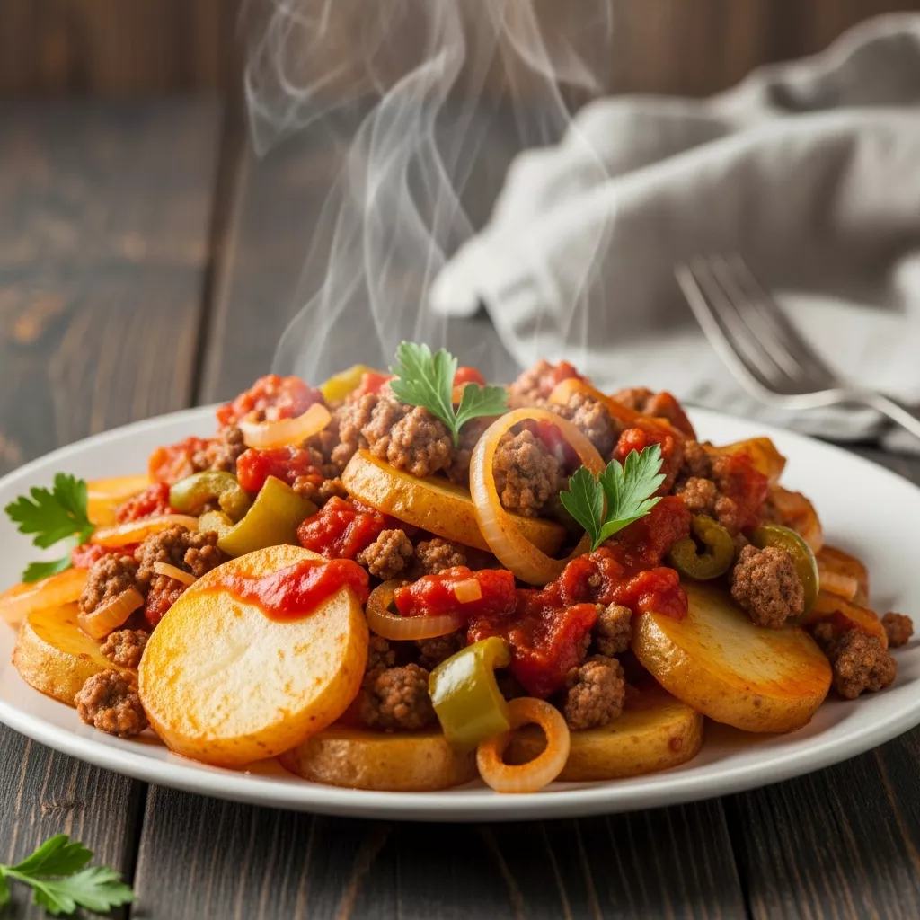 Macro close-up of the finished dolly parton casserole recipe showing beef and potatoes