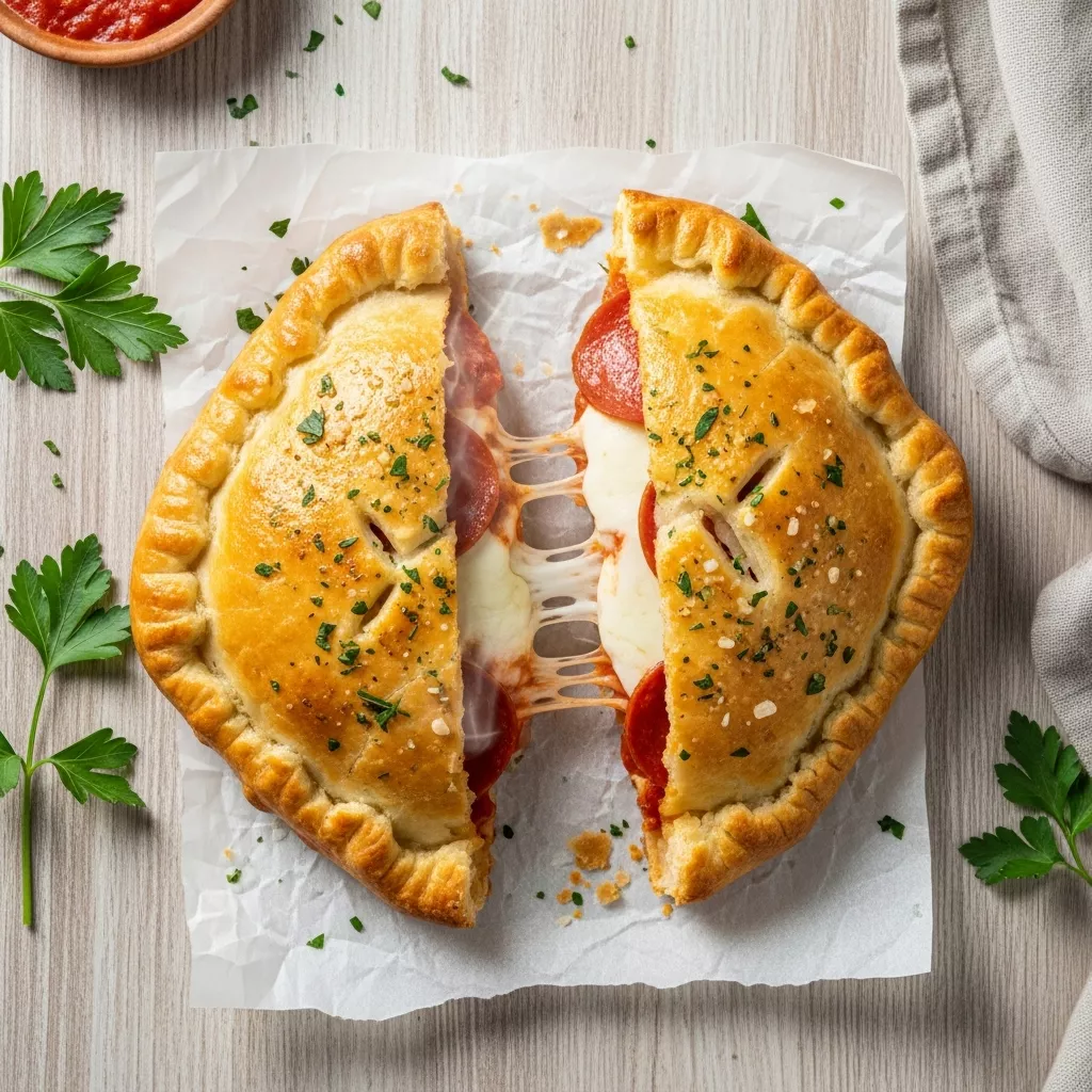 Close-up of golden homemade pizza pockets cut open to show melted cheese and turkey turkey pepperoni