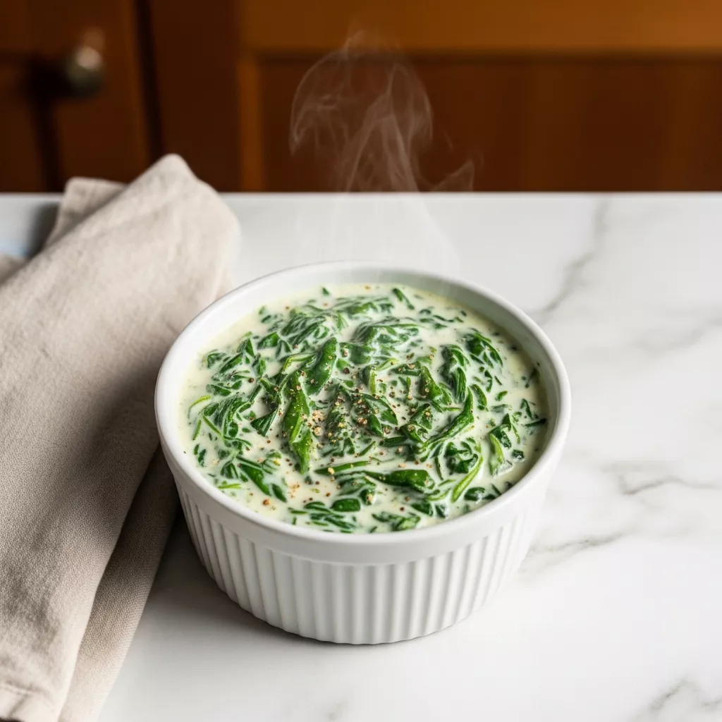 Overhead view of homemade ruths chris creamed spinach in a white ramekin