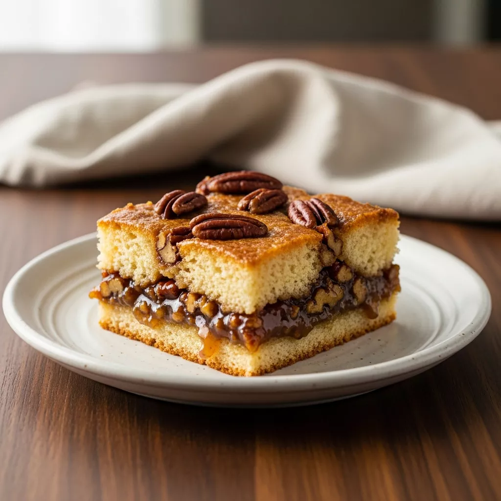 Close-up of a slice of gooey pecan pie dump cake on a plate