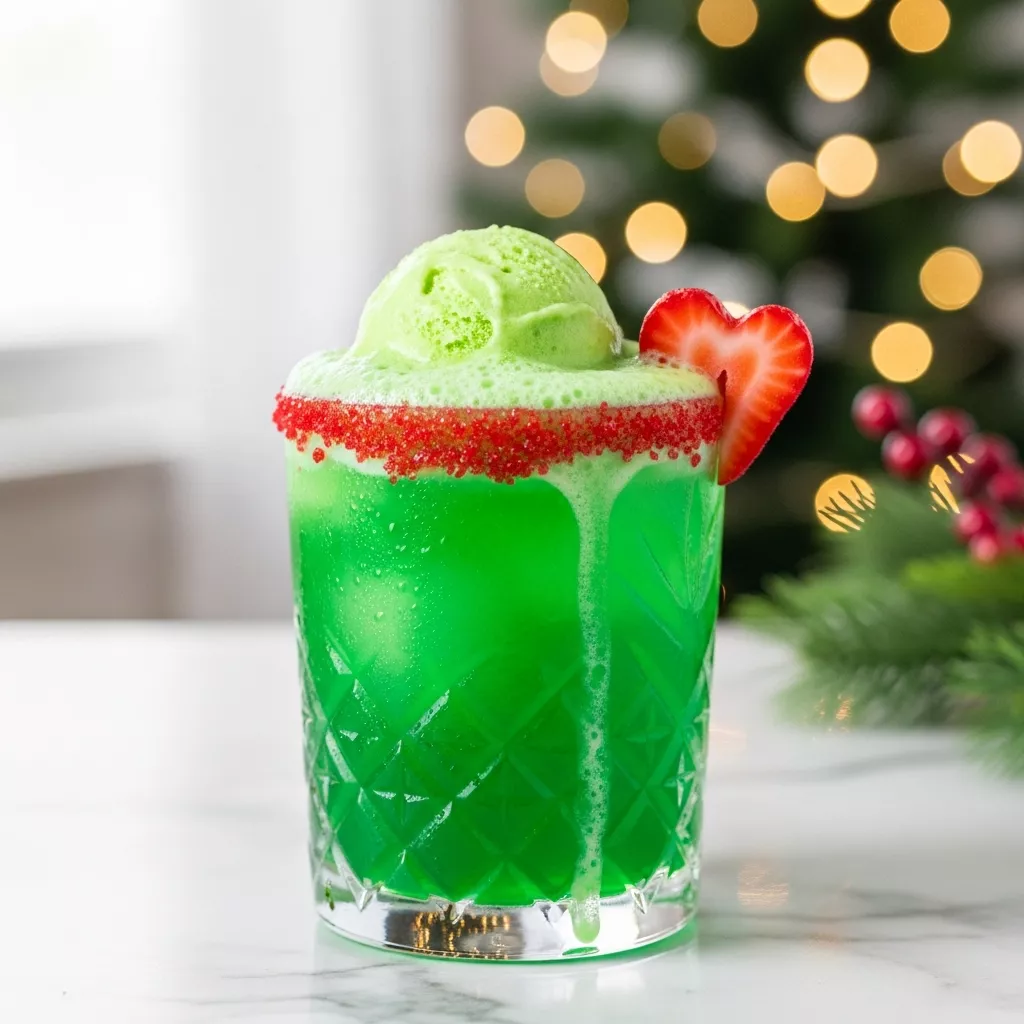 Close up of a glass of green grinch punch recipe with red sugar rim and lime sherbet foam