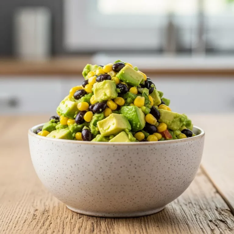 corn black bean guacamole Side view of chunky guacamole in a ceramic bowl showing texture