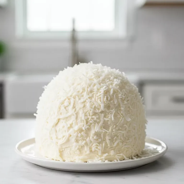 Side view of a fluffy coconut snowball cake on a white stand