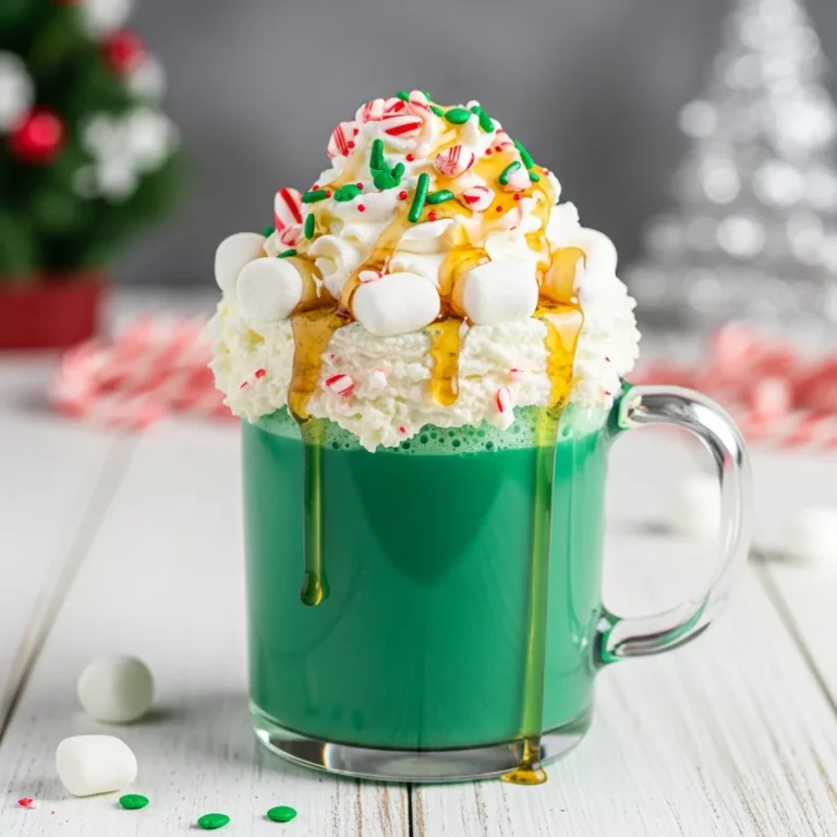 christmas elf hot chocolate Side view of green hot chocolate in a clear mug with a mountain of whipped cream