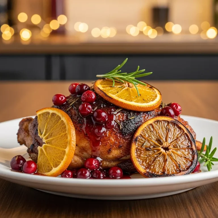 baked orange cranberry chicken Side view of sticky orange cranberry chicken thigh on a plate