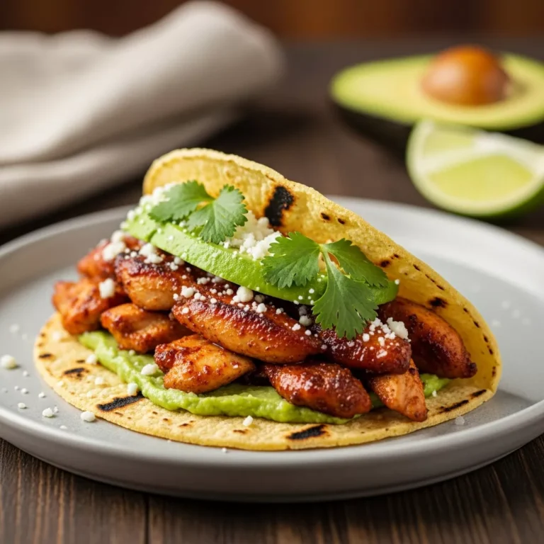 rotisserie chicken tacos Side view of a single rotisserie chicken taco on a ceramic plate