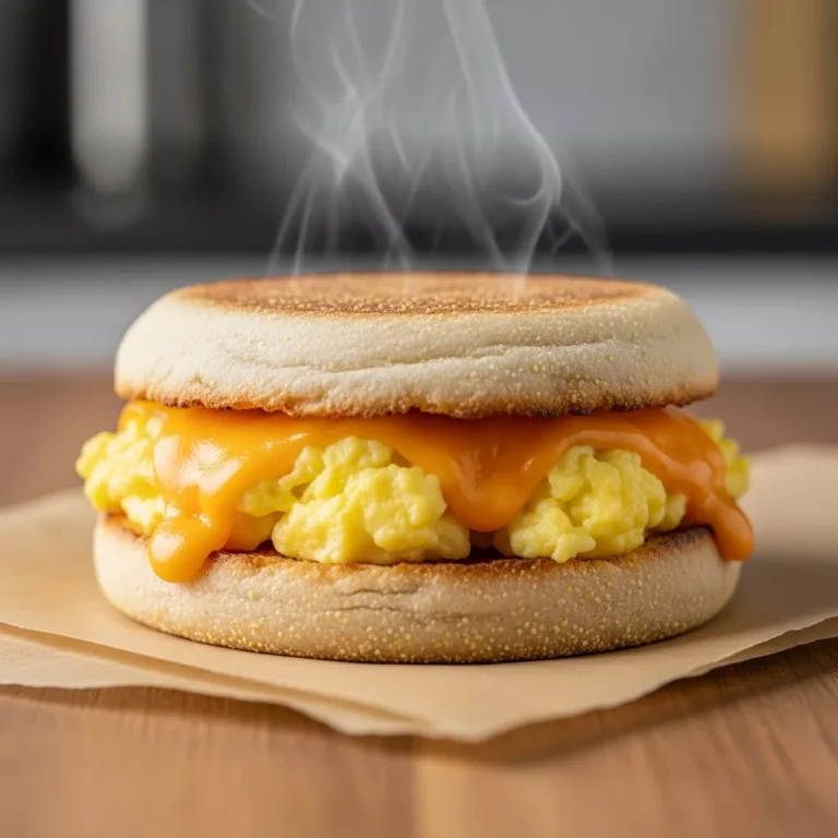 Side view of a baked English muffin breakfast pizza showing fluffy eggs and melted cheese layers