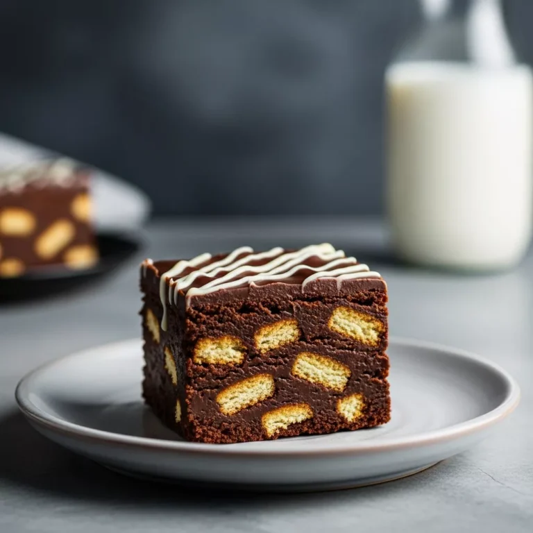 Side view of a square of brownie refrigerator cake on a plate showing biscuit chunks inside