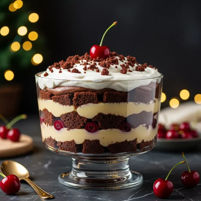 black forest trifle recipe Side view of distinct layers in a glass trifle bowl for black forest trifle