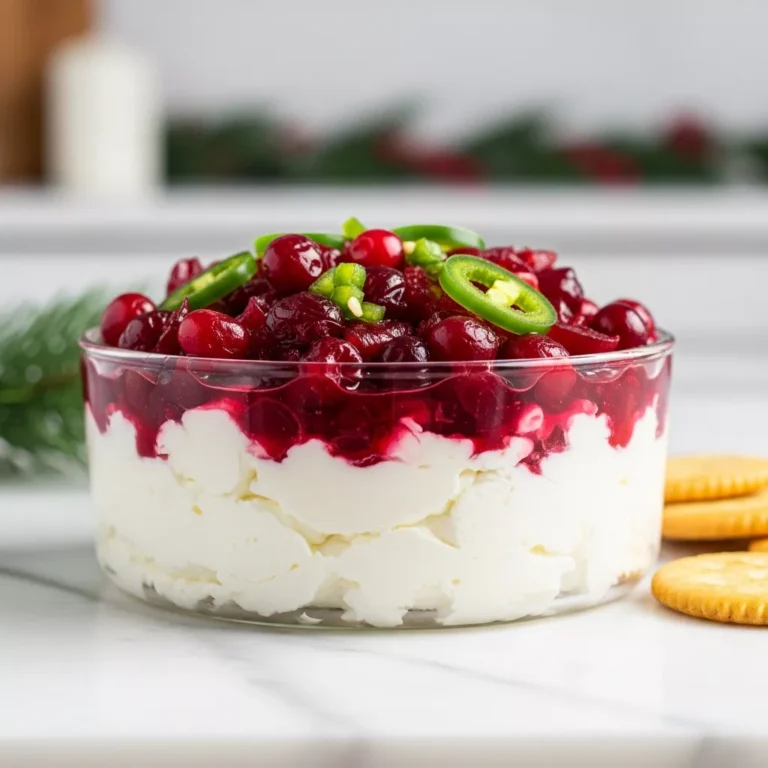 Macro side view showing the texture of cranberry jalapeno dip layers