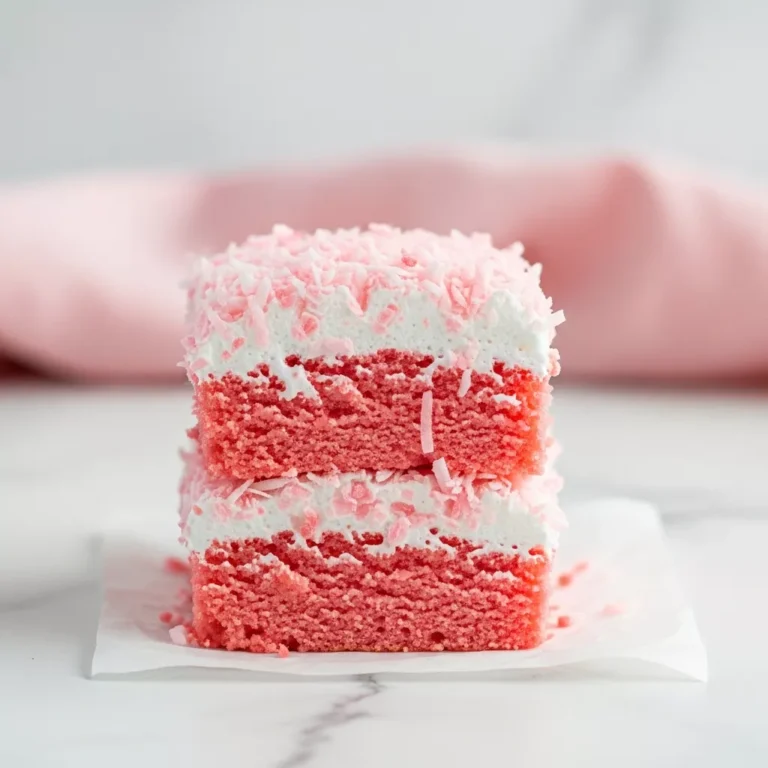 pink coconut snowball cake bars Side profile view of a pink coconut snowball cake bar showing texture