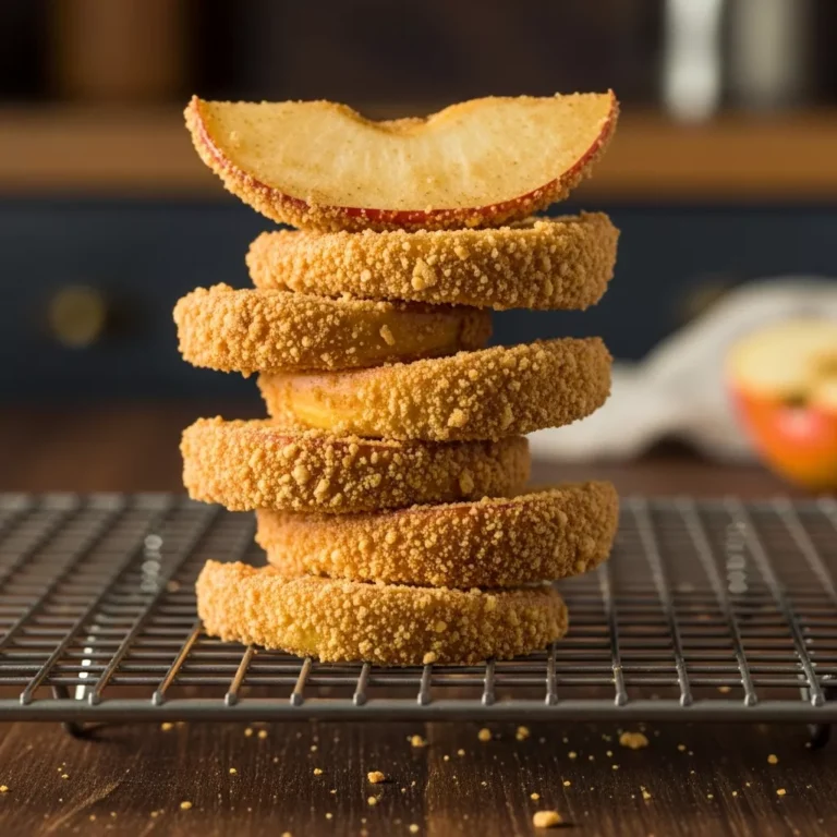 air fryer apple fries Side view of stacked apple fries on a cooling rack