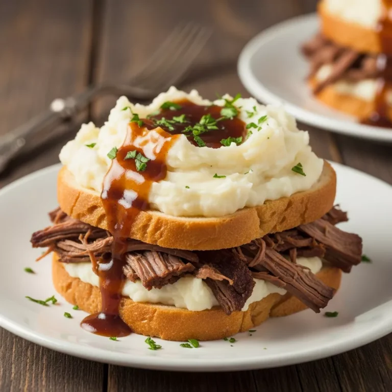 slow cooker beef manhattan Side view of open faced roast beef sandwich with mashed potatoes and gravy dripping down