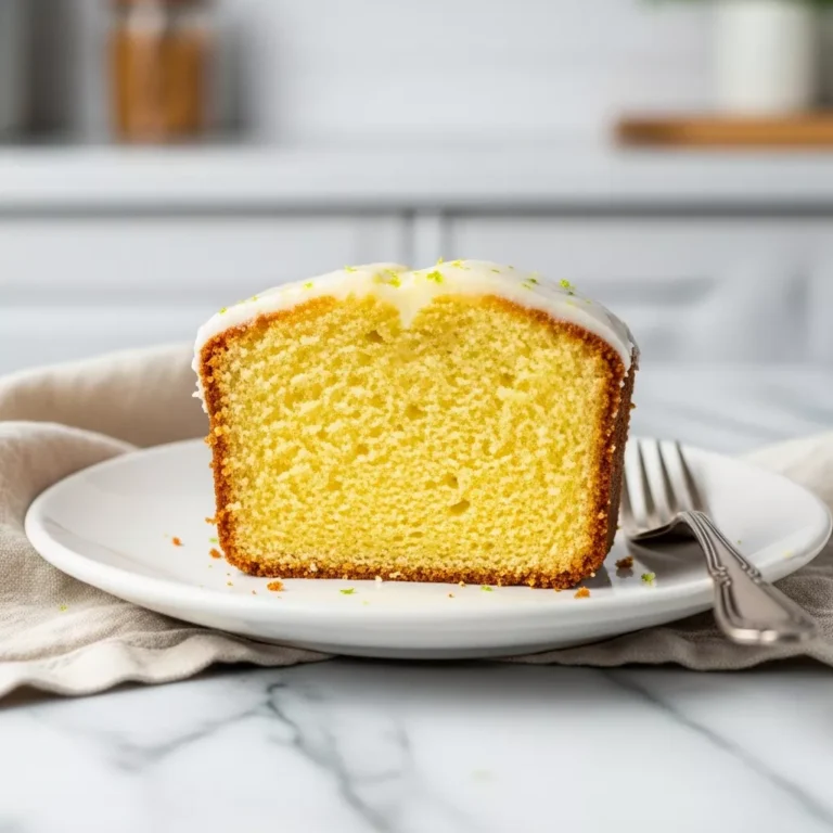 key lime pound cake recipe Side view of a slice of moist key lime pound cake on a white plate