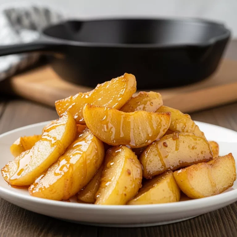 southern fried apples recipe Side view of warm glazed fried apples stacked in a bowl