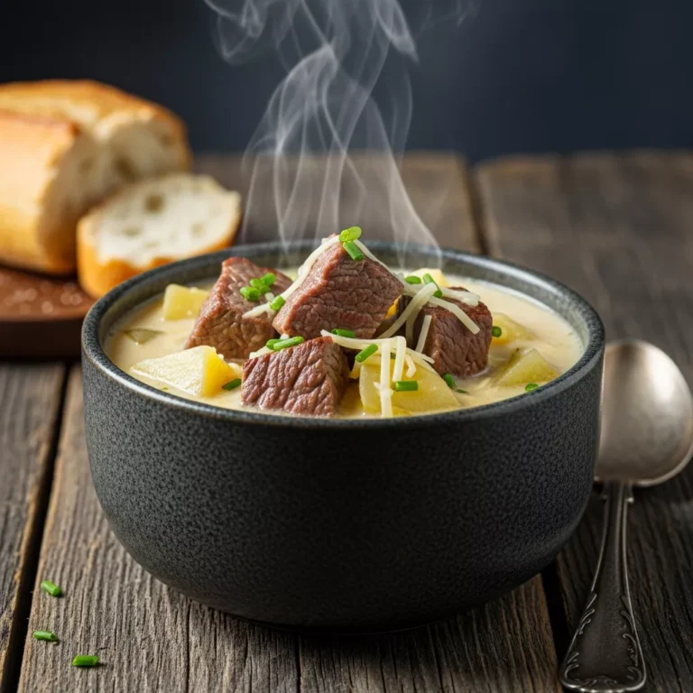 Side view of creamy steak and potato soup showing texture