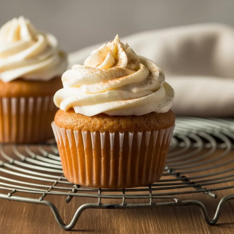 apple cider cupcakes Side view of an apple cider cupcake with buttercream on a cooling rack