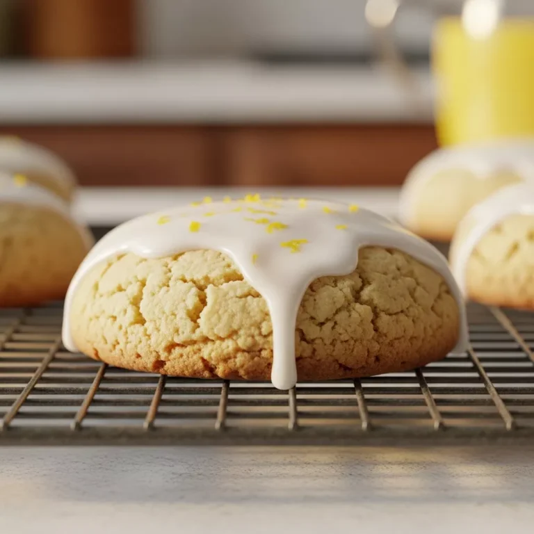 lemon glazed shortbread cookies Side view close up of a single lemon shortbread cookie showing the tender crumb and glaze