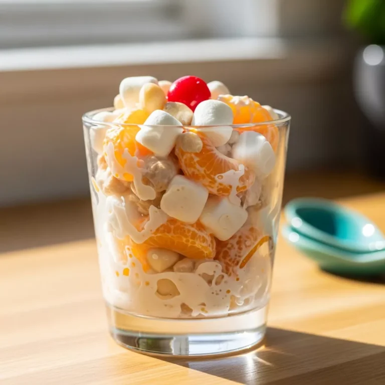 hawaiian fruit salad recipe Side view of creamy fruit salad in a glass bowl showing layers of fruit and dressing