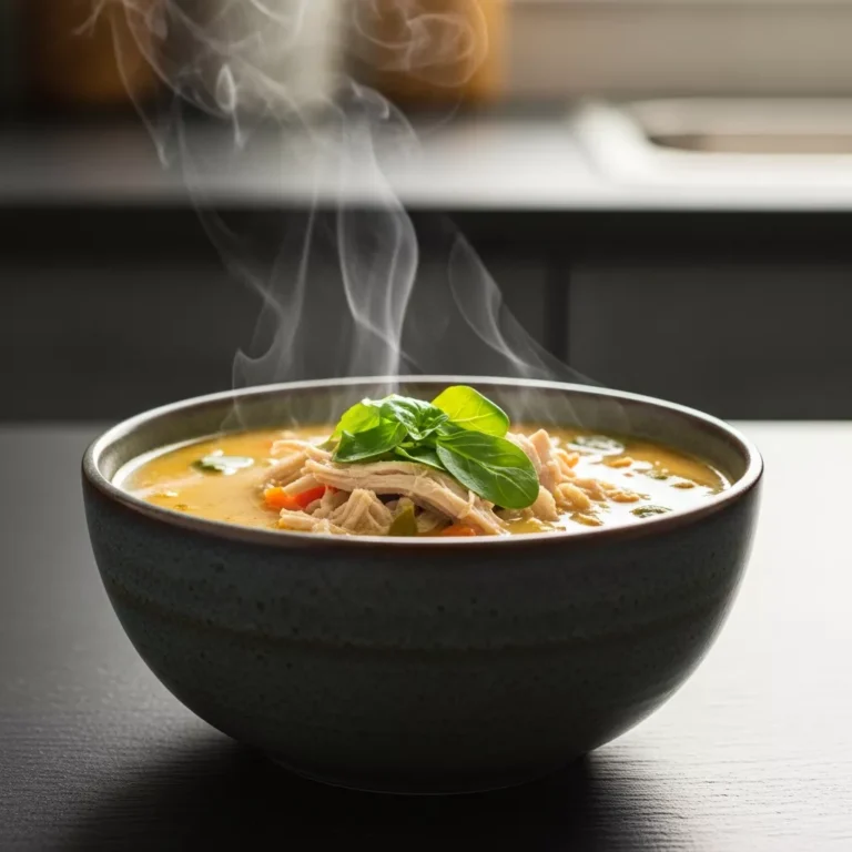 slow cooker thai coconut chicken soup Side view of a bowl of Thai coconut chicken soup with steam rising