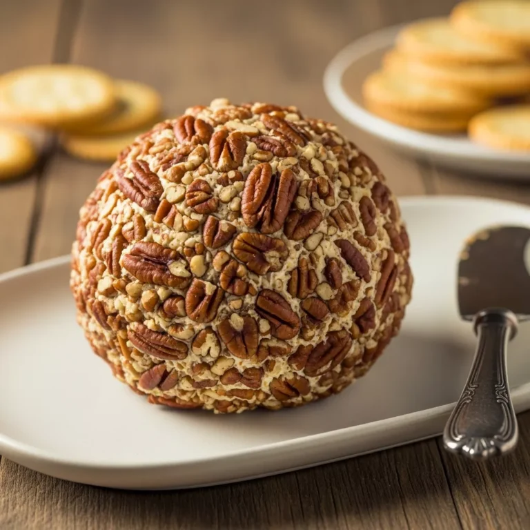 pineapple cheese ball recipe Side profile view of a pineapple cheese ball with a serving spreader