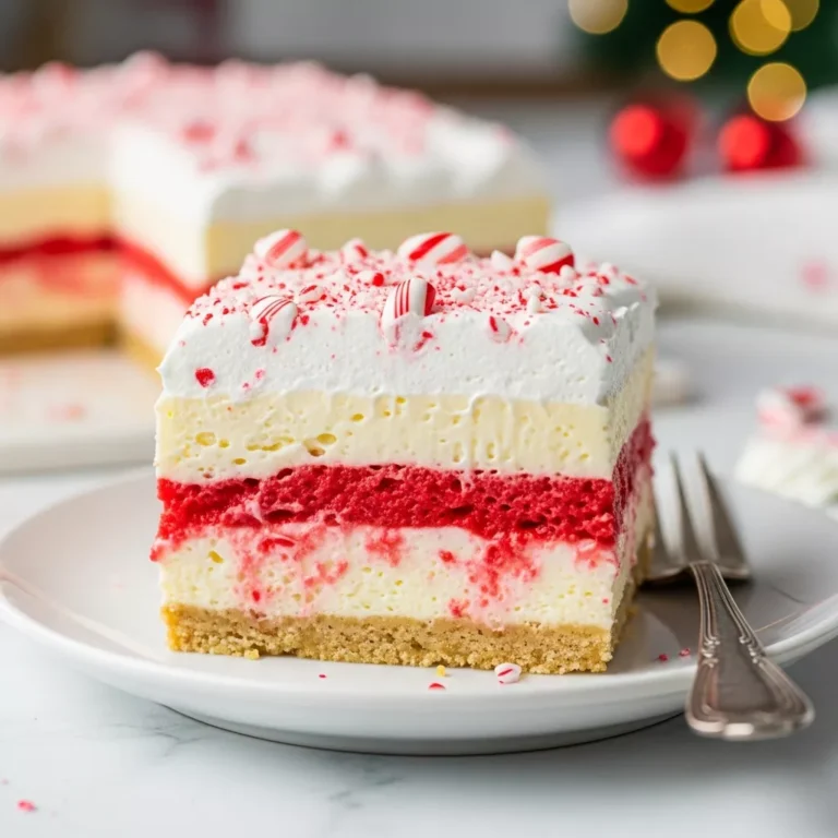 christmas lasagna dessert Side view of a creamy peppermint dessert slice on a white plate