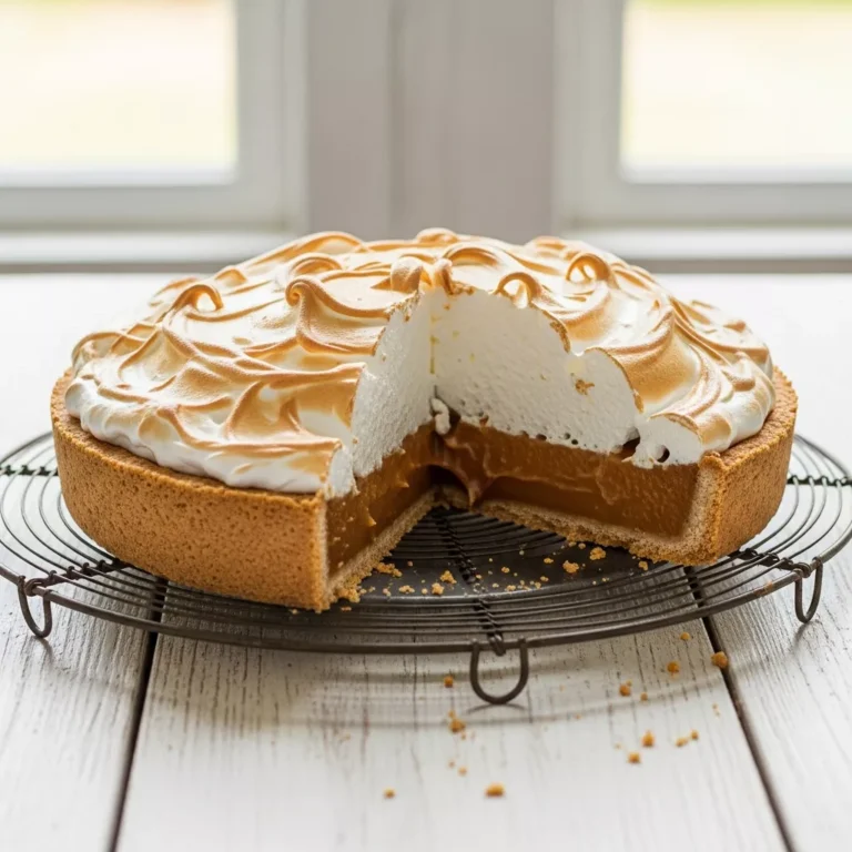 butterscotch pie recipe Side view of a whole butterscotch meringue pie showing the layers of custard and topping