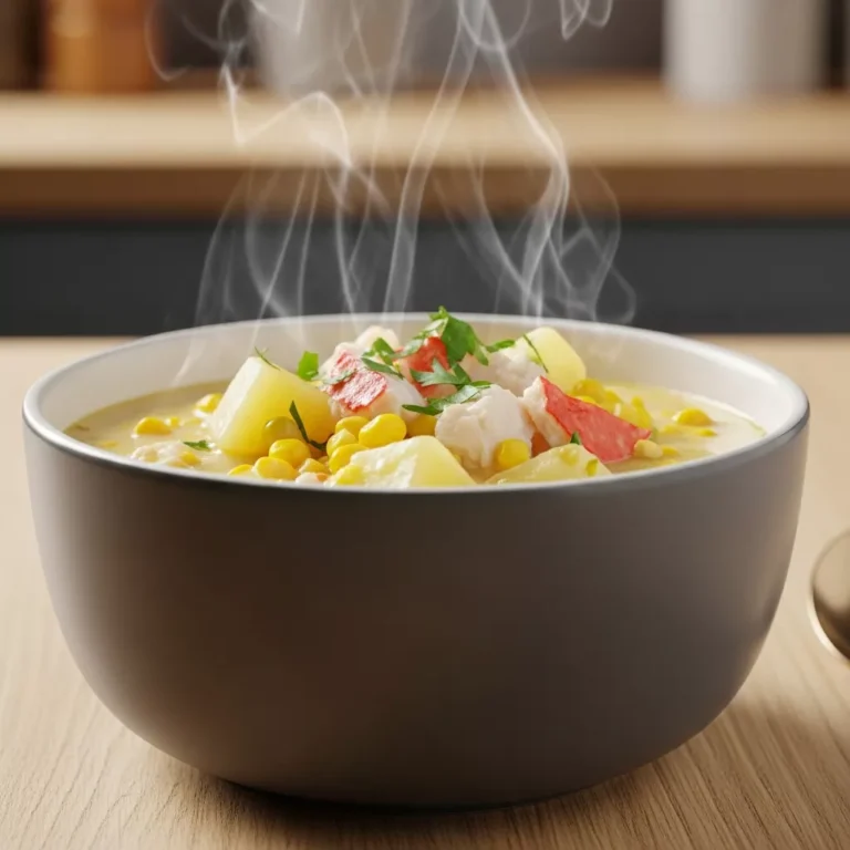 Side view of a steaming bowl of crab and corn chowder
