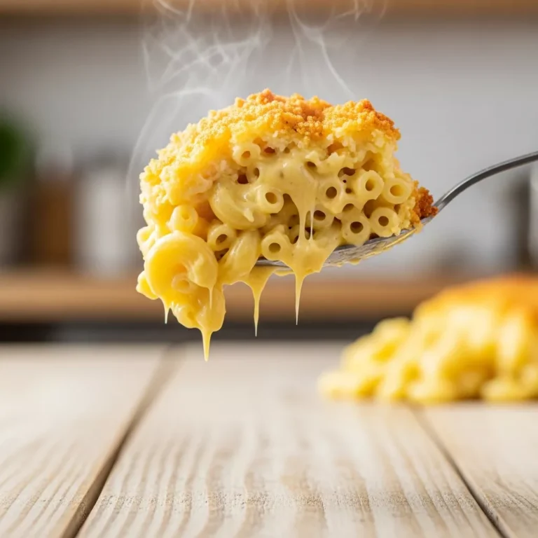 copycat chick fil a mac and cheese Side view of a serving of cheesy macaroni showing the creamy texture and baked crust
